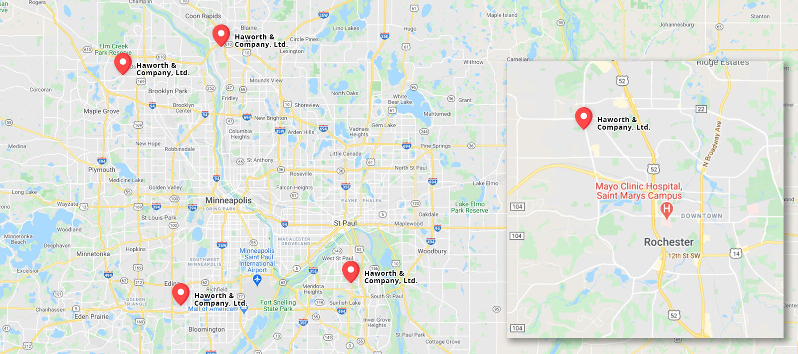 A map showing the locations of minneapolis, minneapolis, and st paul, minnesot.